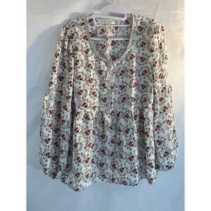 Max Studio Floral Peasant Blouse White Red Lantern Sleeve Top A709D35 Womens M
